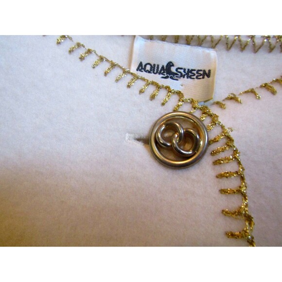 Aqua Sheen Cardigan Vintage Eggshell White Polar Fleece Sweater Gold Trim Size L - Picture 9 of 13